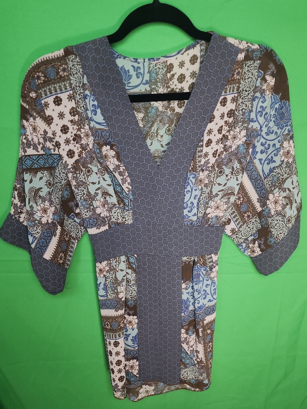 Boho Patchwork Empire Waist V-Neck Blouse Multi Pattern M